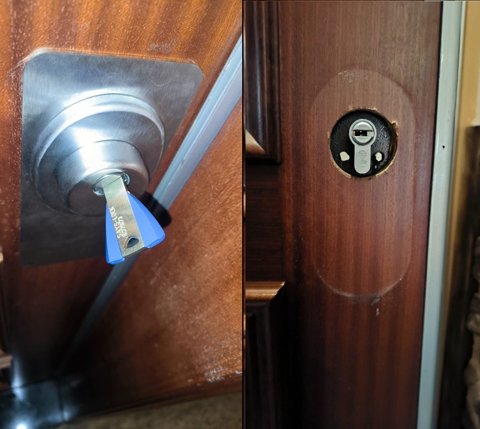 Proceso de mejora de seguridad en puerta: sustitución de cilindro vulnerable por un sistema KESO 8000 de alta gama y escudo de seguridad acorazado en Granollers.