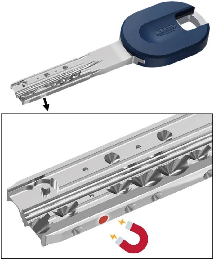 Detalle del rotor y espiga de la llave ABUS Bravus con imán activo integrado en el lateral.