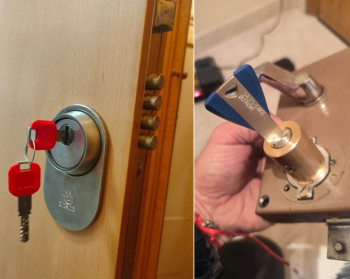 Izquierda: Instalación final de cerradura blindada con escudo acorazado. Derecha: Ensamblaje técnico de cilindro KESO 8000 por el equipo de Says-Lock.