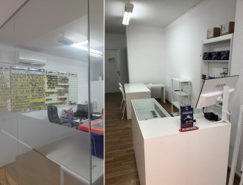 Interior de la sede física de Cerrajería Says-Lock en Granollers: zona de taller para duplicado de llaves y mostrador de atención al cliente con stock de alta seguridad ABUS.