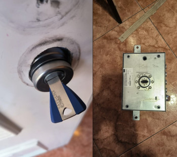 Proceso de conversión de cerradura de gorjas a perfil europeo con cilindro de alta seguridad KESO 8000 en puerta acorazada Dierre en Mollet del Vallès.
