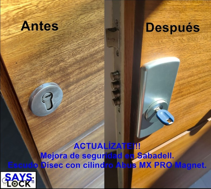 Transición de cilindro desprotegido a escudo Disec y tecnología Abus Magnet en una puerta de Sabadell.