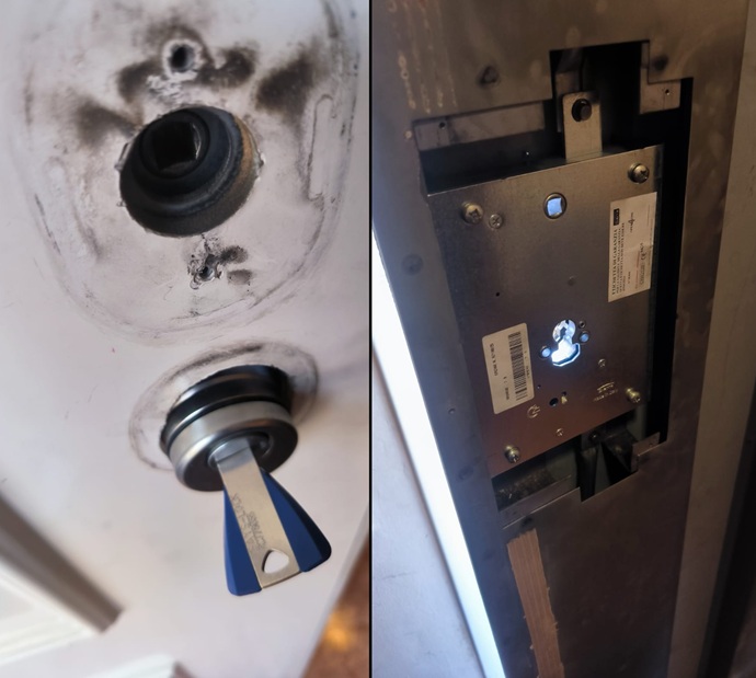 Detalle técnico de la conversión de seguridad en Mollet del Vallès: cilindro KESO 8000 instalado y caja de cerradura preparada para el perfil europeo en puerta acorazada Dierre.