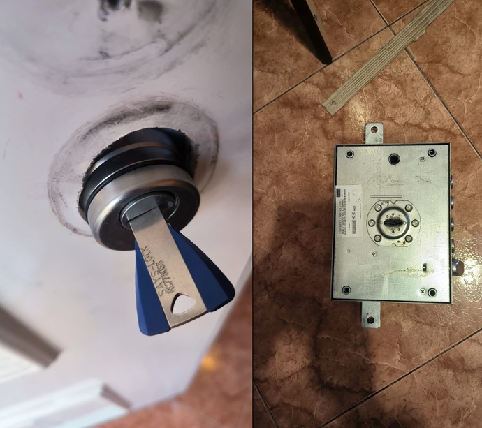 Proceso de conversión de cerradura de gorjas a perfil europeo con cilindro de alta seguridad KESO 8000 en puerta acorazada Dierre en Mollet del Vallès.