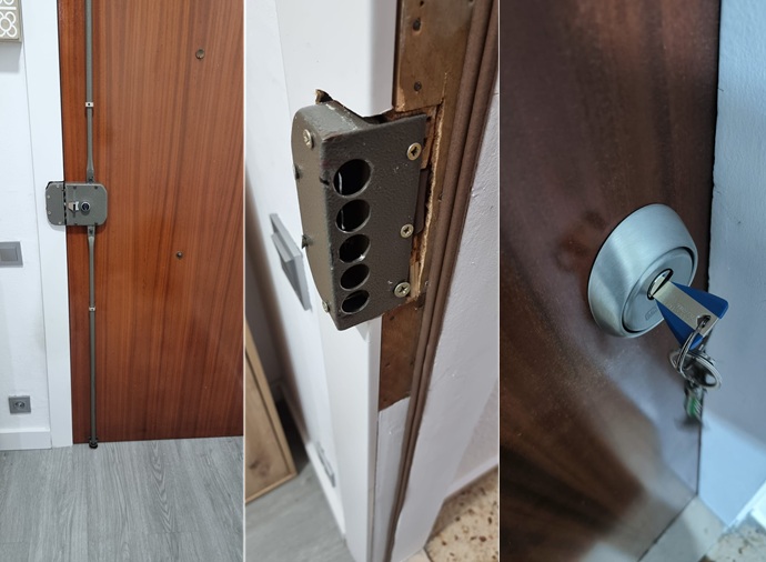 Desmontaje de antigua cerradura Moia de sobreponer y Conversión a Mottura y Keso 8000 Master. Servicio de cerrajeros Says-Lock para alta seguridad en Barcelona.