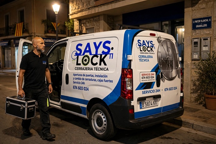 Unidades móviles de Cerrajería Says-Lock preparadas para asistencia urgente nocturna en Granollers.