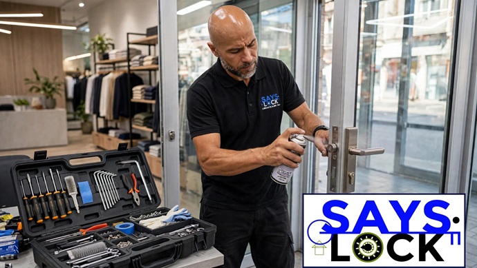Técnico de Cerrajería Says-Lock aplicando lubricante especializado en el mecanismo de una puerta comercial de cristal en interior de tienda.