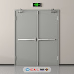 Puertas cortafuegos de doble hoja con brazos hidráulicos de retención instalados. Cerrajería Says-Lock en Barcelona.