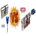 Comparativa visual entre el cilindro KESO 8000 Omega2 con llave azul y el cilindro ABUS Bravus MX Pro Magnet en sección abierta.