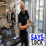 Técnico de Cerrajería Says-Lock aplicando lubricante especializado en el mecanismo de una puerta comercial de cristal en interior de tienda.